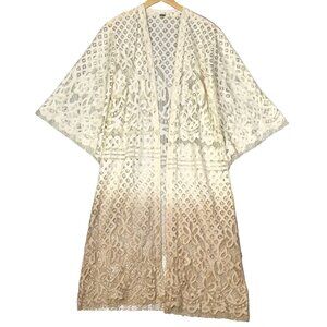 Gimmick Cream Dip Dye Gradient Floral Lace Crochet Long Flyaway Kimono Size S